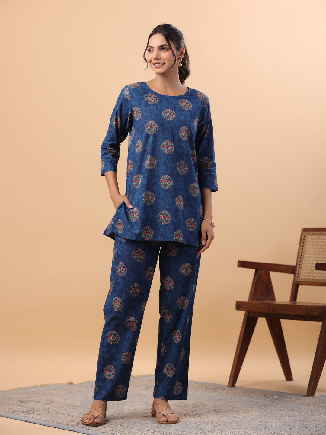 Janasya Straight Cambric Blue Tribal Round Neck Co-Ords | Grocsy