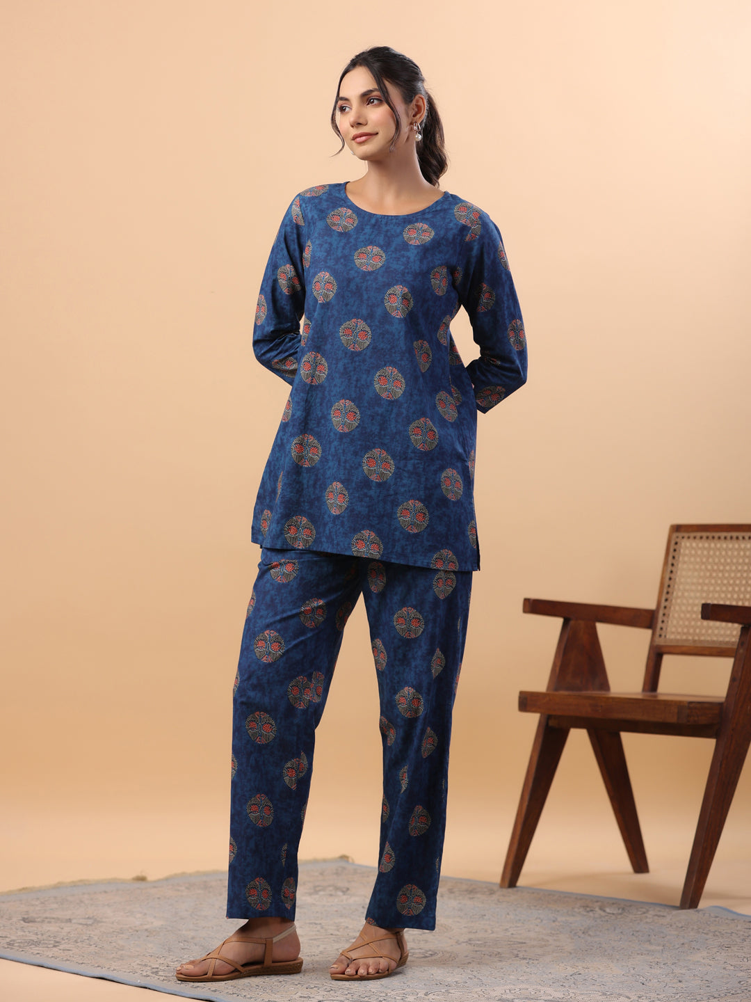 Janasya Straight Cambric Blue Tribal Round Neck Co-Ords | Grocsy
