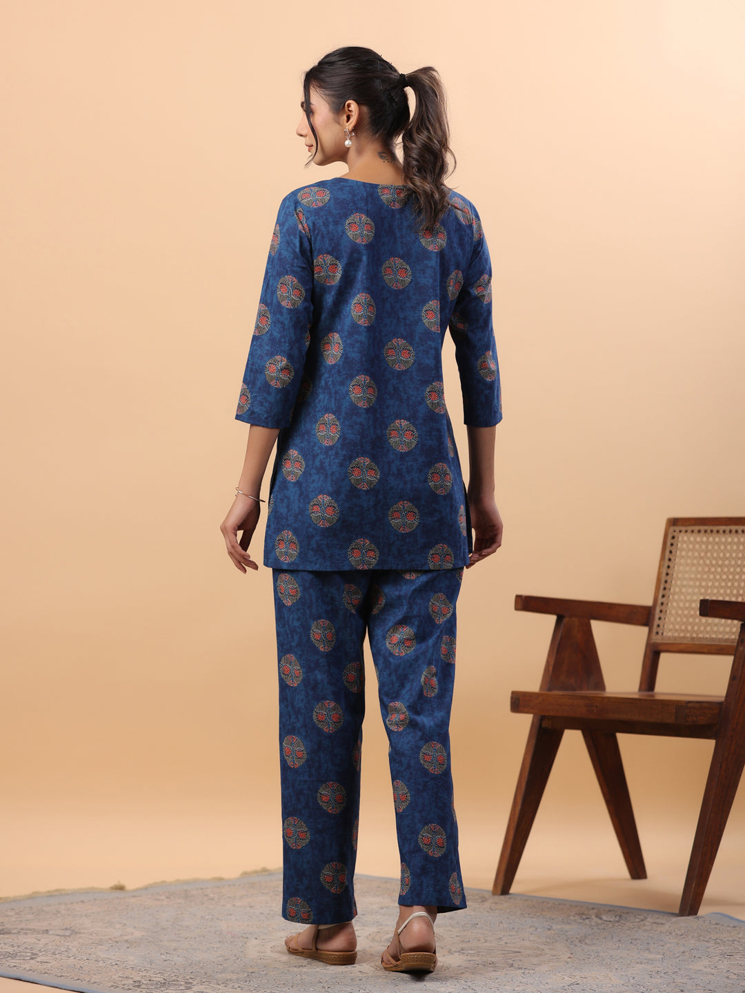 Janasya Straight Cambric Blue Tribal Round Neck Co-Ords | Grocsy