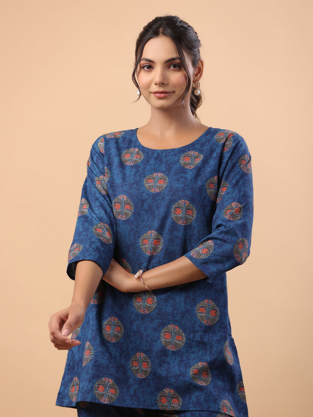 Janasya Straight Cambric Blue Tribal Round Neck Co-Ords | Grocsy
