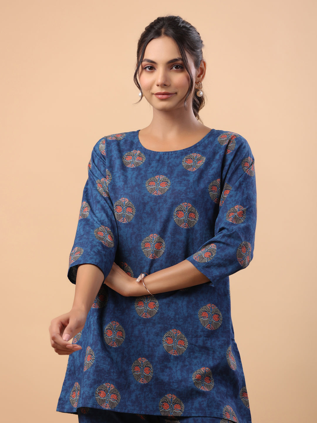 Janasya Straight Cambric Blue Tribal Round Neck Co-Ords | Grocsy