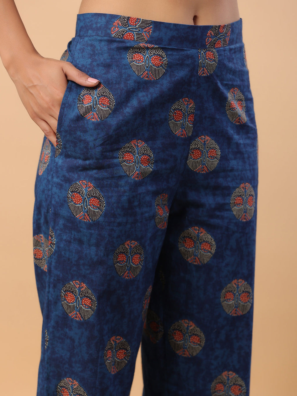 Janasya Straight Cambric Blue Tribal Round Neck Co-Ords | Grocsy