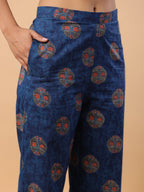 Janasya Straight Cambric Blue Tribal Round Neck Co-Ords | Grocsy