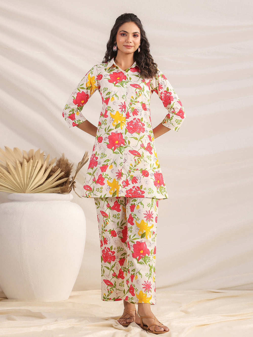 Janasya Straight Cambric Off White Floral Shirt Collar Co-Ords | Grocsy