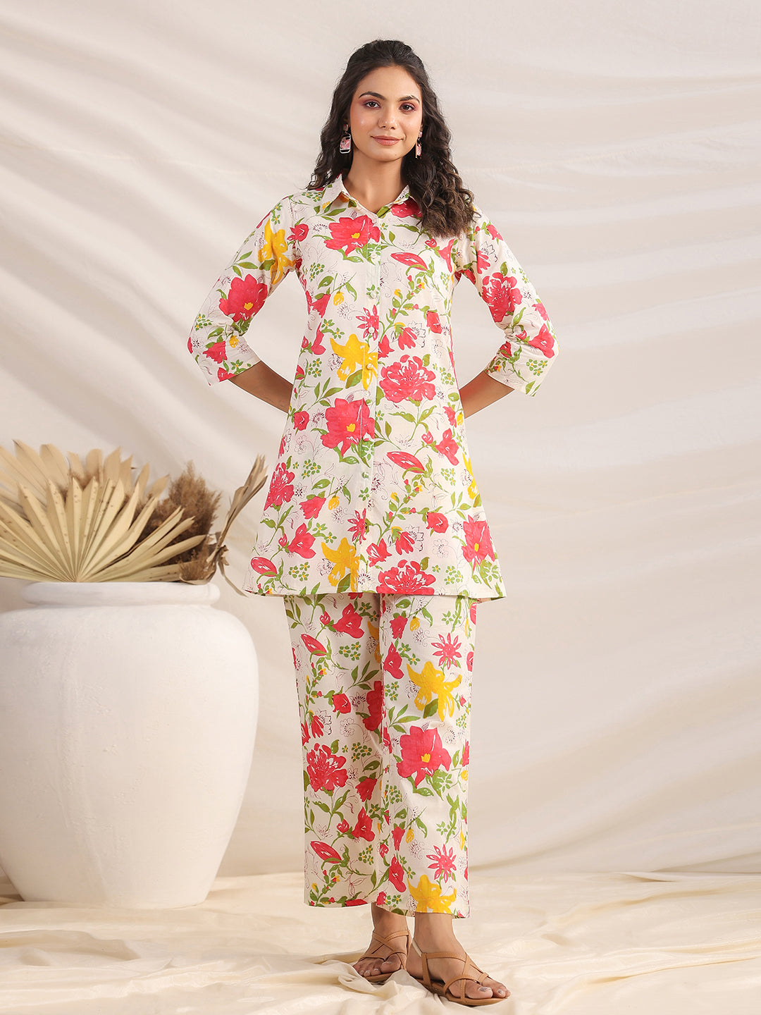 Janasya Straight Cambric Off White Floral Shirt Collar Co-Ords | Grocsy