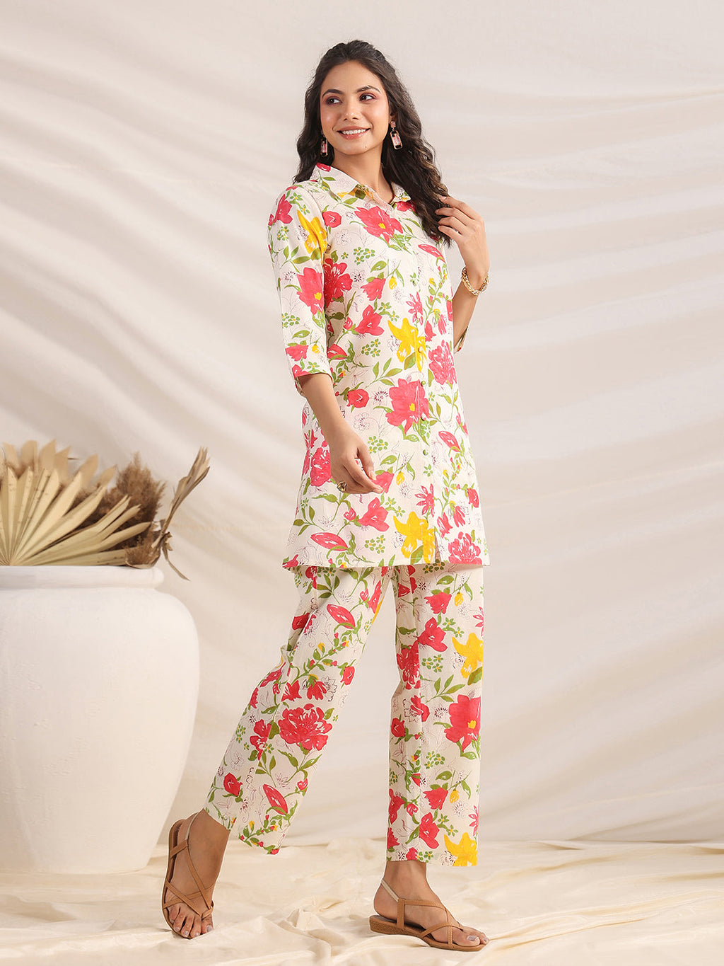 Janasya Straight Cambric Off White Floral Shirt Collar Co-Ords | Grocsy