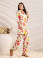 Janasya Straight Cambric Off White Floral Shirt Collar Co-Ords | Grocsy