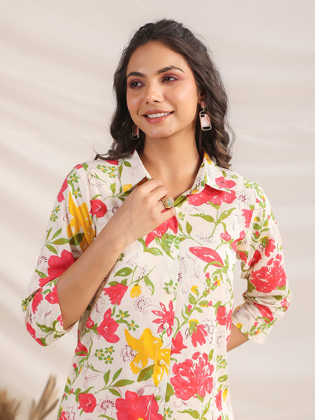 Janasya Straight Cambric Off White Floral Shirt Collar Co-Ords | Grocsy