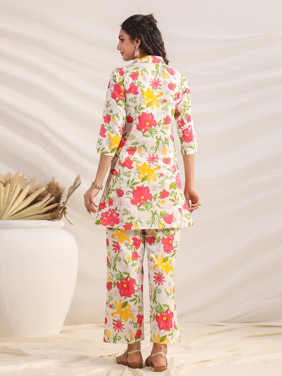 Janasya Straight Cambric Off White Floral Shirt Collar Co-Ords | Grocsy