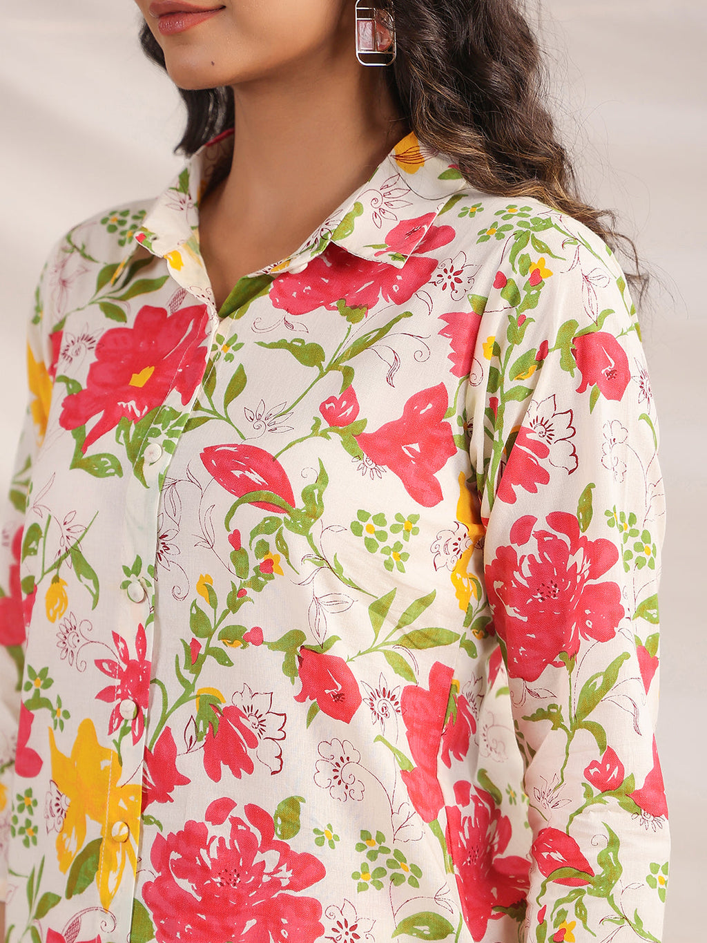 Janasya Straight Cambric Off White Floral Shirt Collar Co-Ords | Grocsy