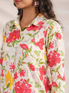 Janasya Straight Cambric Off White Floral Shirt Collar Co-Ords | Grocsy
