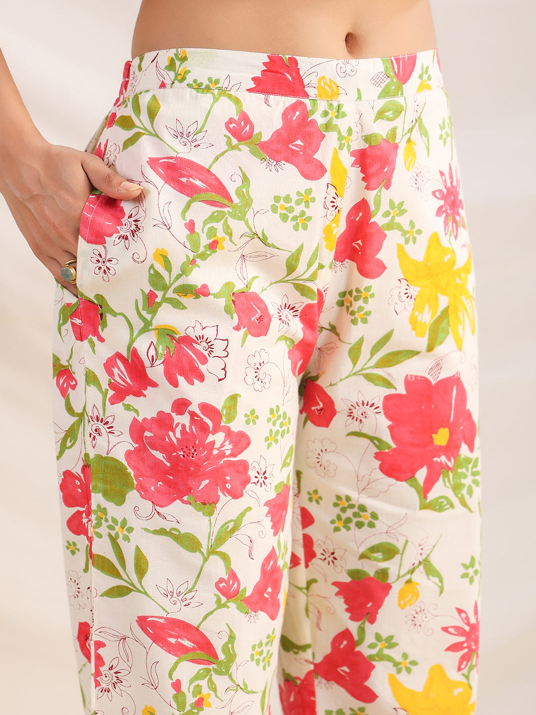 Janasya Straight Cambric Off White Floral Shirt Collar Co-Ords | Grocsy