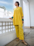 Janasya Gathered Jacquard Yellow Self Design Band Collar Co-Ords | Grocsy
