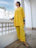 Janasya Gathered Jacquard Yellow Self Design Band Collar Co-Ords | Grocsy