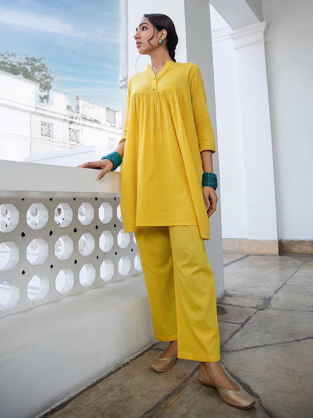 Janasya Gathered Jacquard Yellow Self Design Band Collar Co-Ords | Grocsy