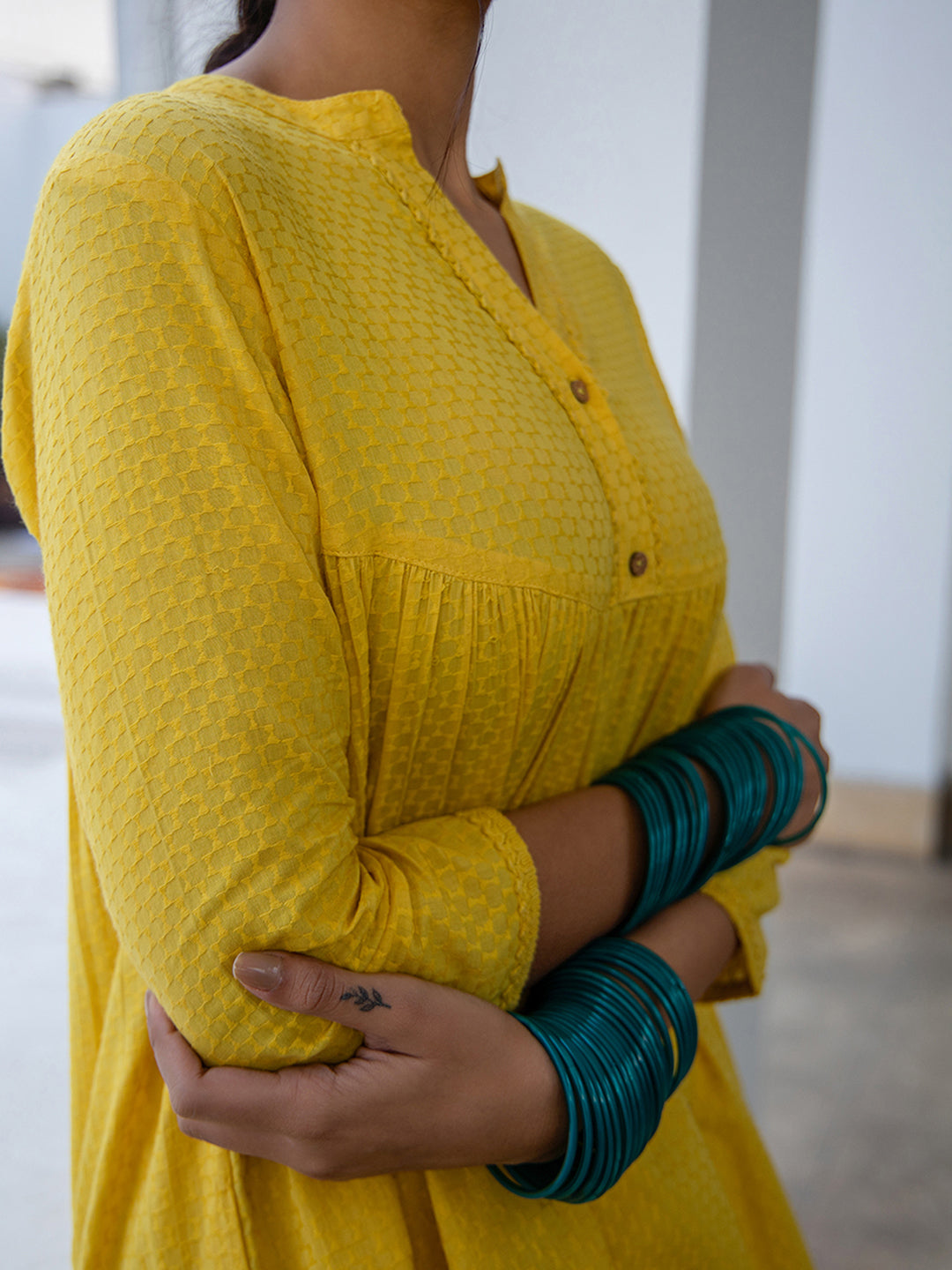 Janasya Gathered Jacquard Yellow Self Design Band Collar Co-Ords | Grocsy