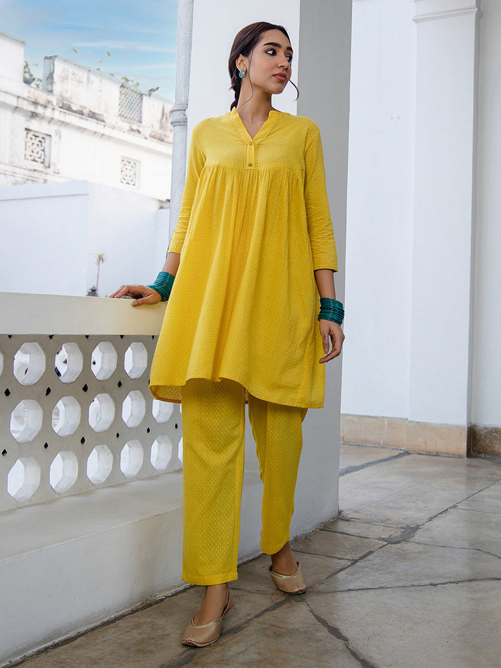 Janasya Gathered Jacquard Yellow Self Design Band Collar Co-Ords | Grocsy