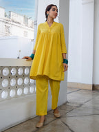 Janasya Gathered Jacquard Yellow Self Design Band Collar Co-Ords | Grocsy