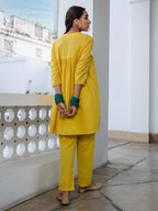 Janasya Gathered Jacquard Yellow Self Design Band Collar Co-Ords | Grocsy