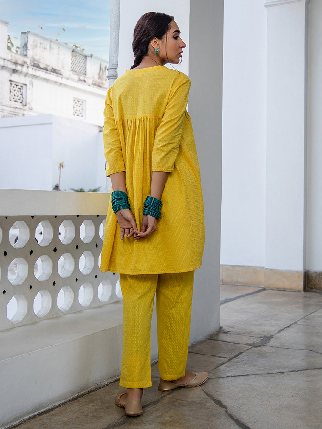 Janasya Gathered Jacquard Yellow Self Design Band Collar Co-Ords | Grocsy
