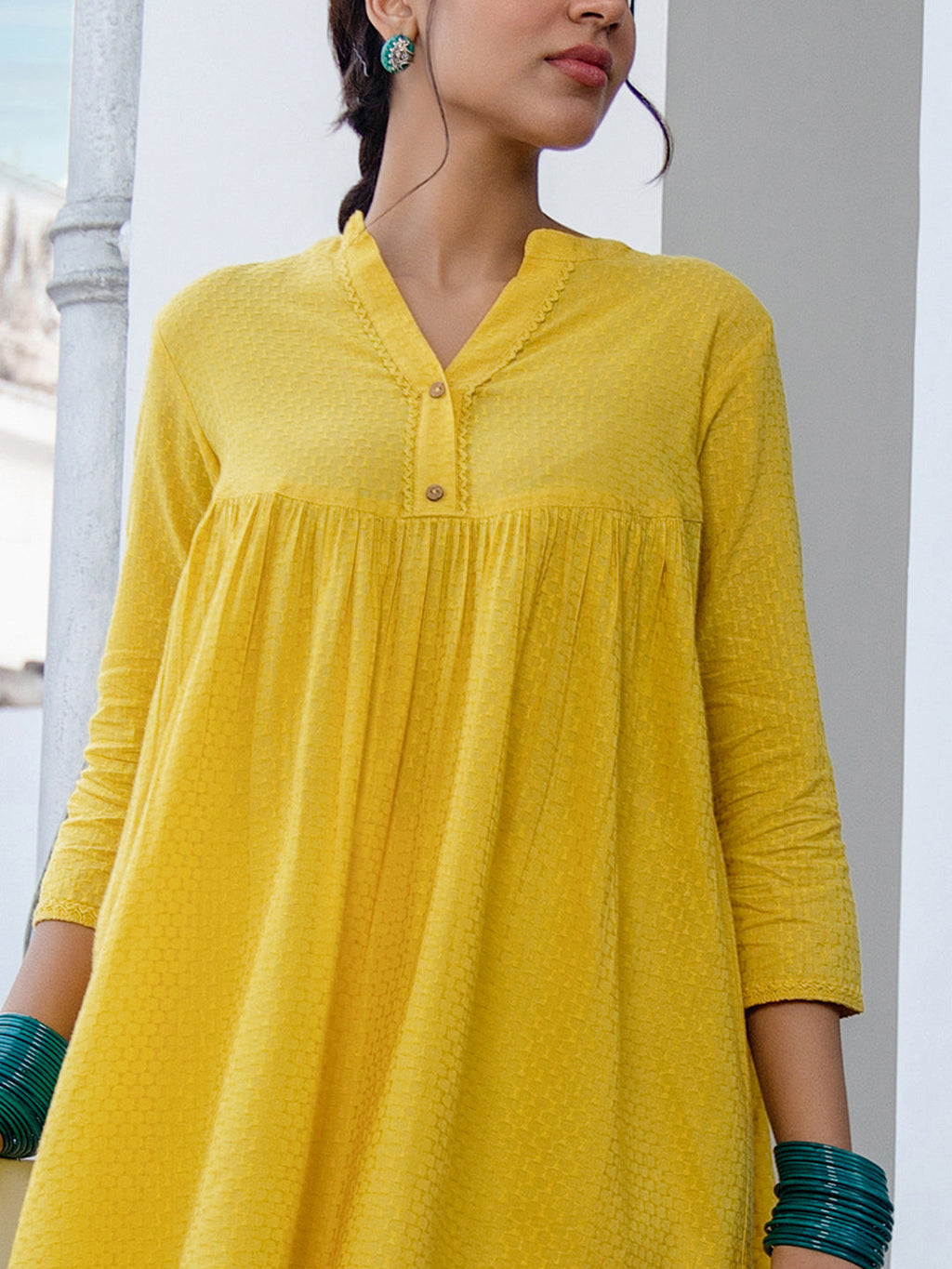 Janasya Gathered Jacquard Yellow Self Design Band Collar Co-Ords | Grocsy