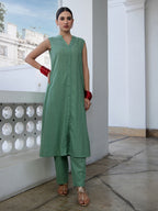 Janasya Straight Jacquard Sage Self Design V-Neck with Band Collar Kurta & Bottom | Grocsy