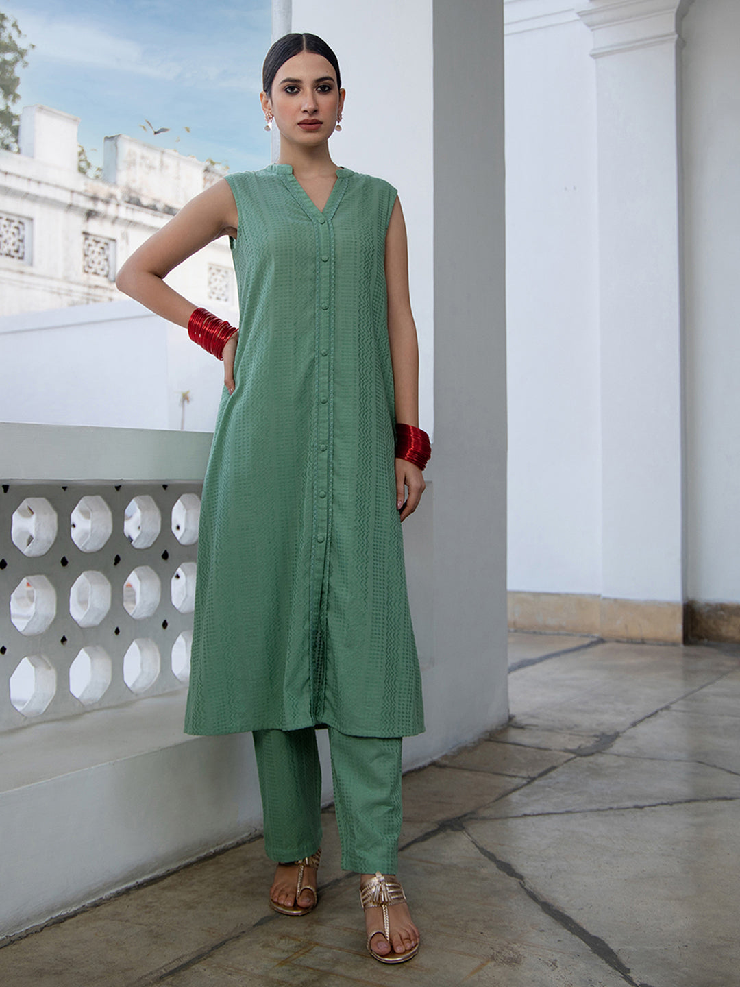 Janasya Straight Jacquard Sage Self Design V-Neck with Band Collar Kurta & Bottom | Grocsy