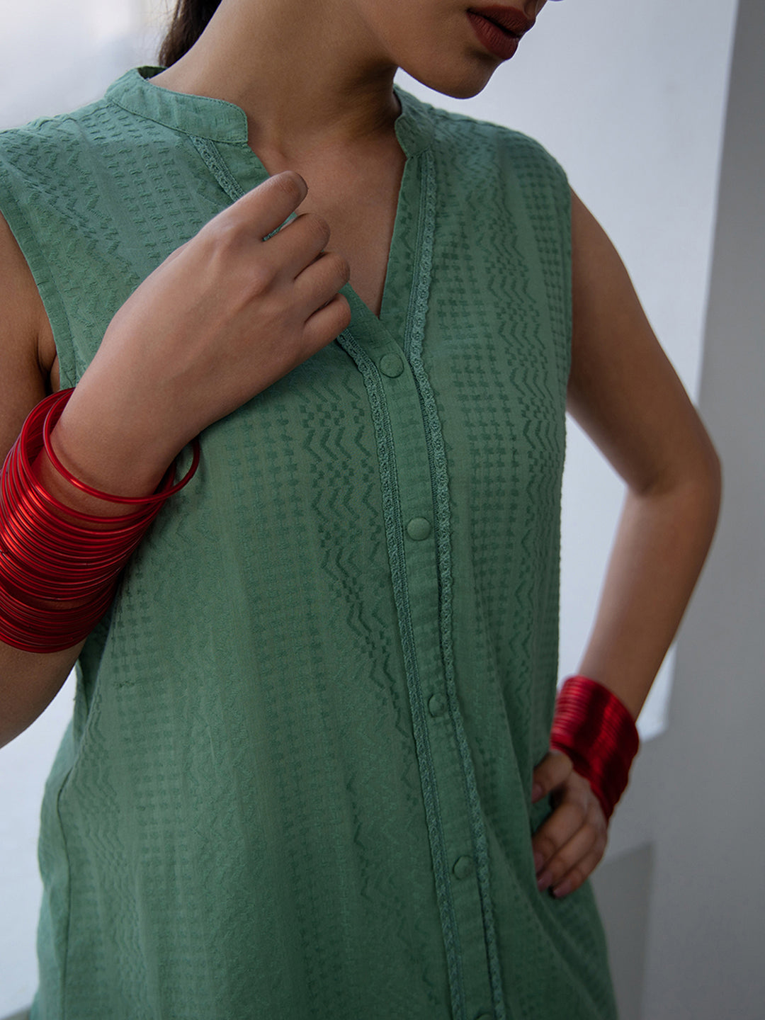 Janasya Straight Jacquard Sage Self Design V-Neck with Band Collar Kurta & Bottom | Grocsy