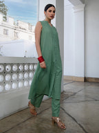 Janasya Straight Jacquard Sage Self Design V-Neck with Band Collar Kurta & Bottom | Grocsy