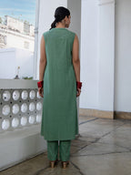 Janasya Straight Jacquard Sage Self Design V-Neck with Band Collar Kurta & Bottom | Grocsy