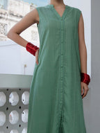 Janasya Straight Jacquard Sage Self Design V-Neck with Band Collar Kurta & Bottom | Grocsy