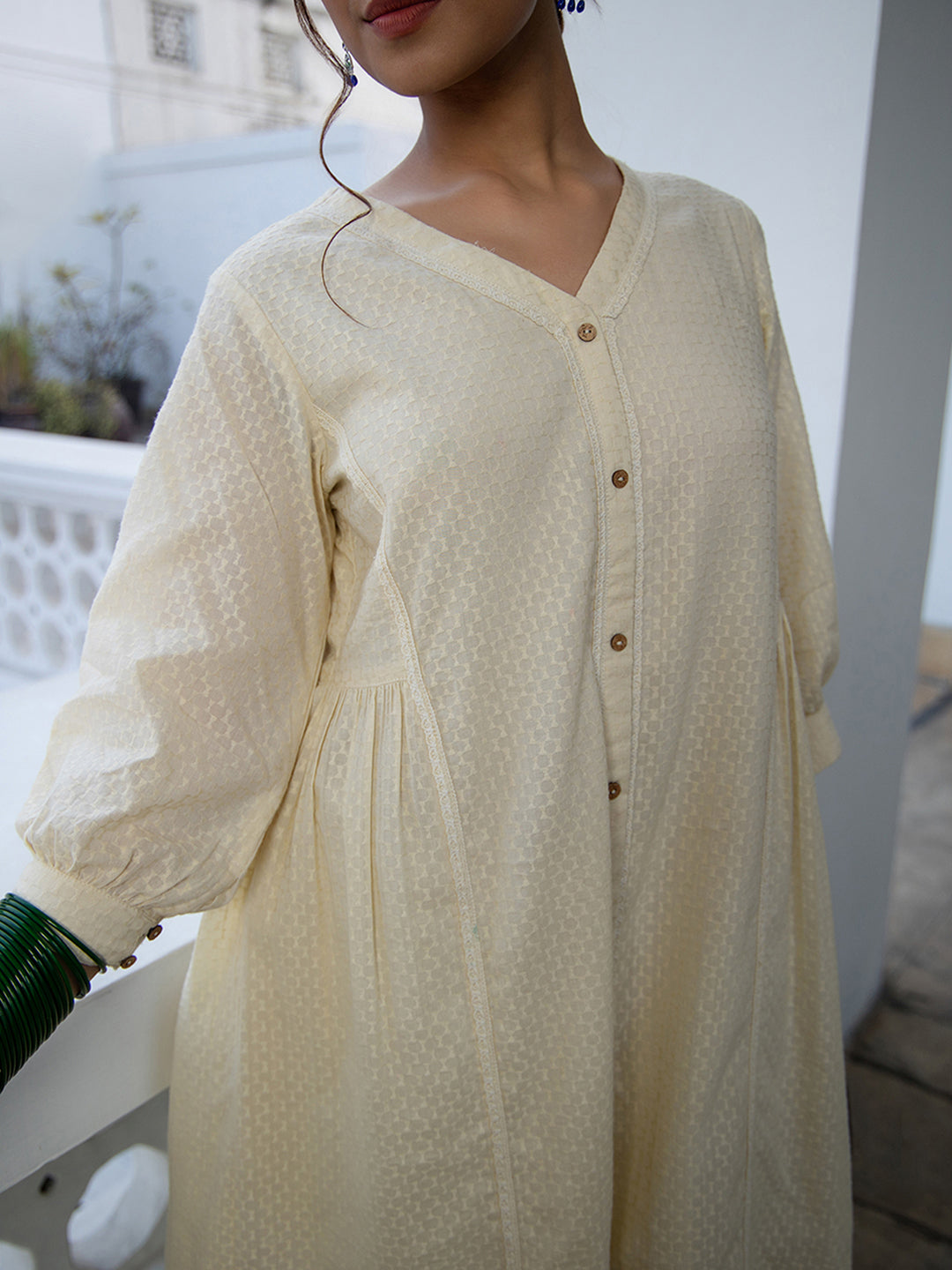 Janasya A-Line Dobby Cotton Cream Self Design V-Neck Tunic & Bottom | Grocsy