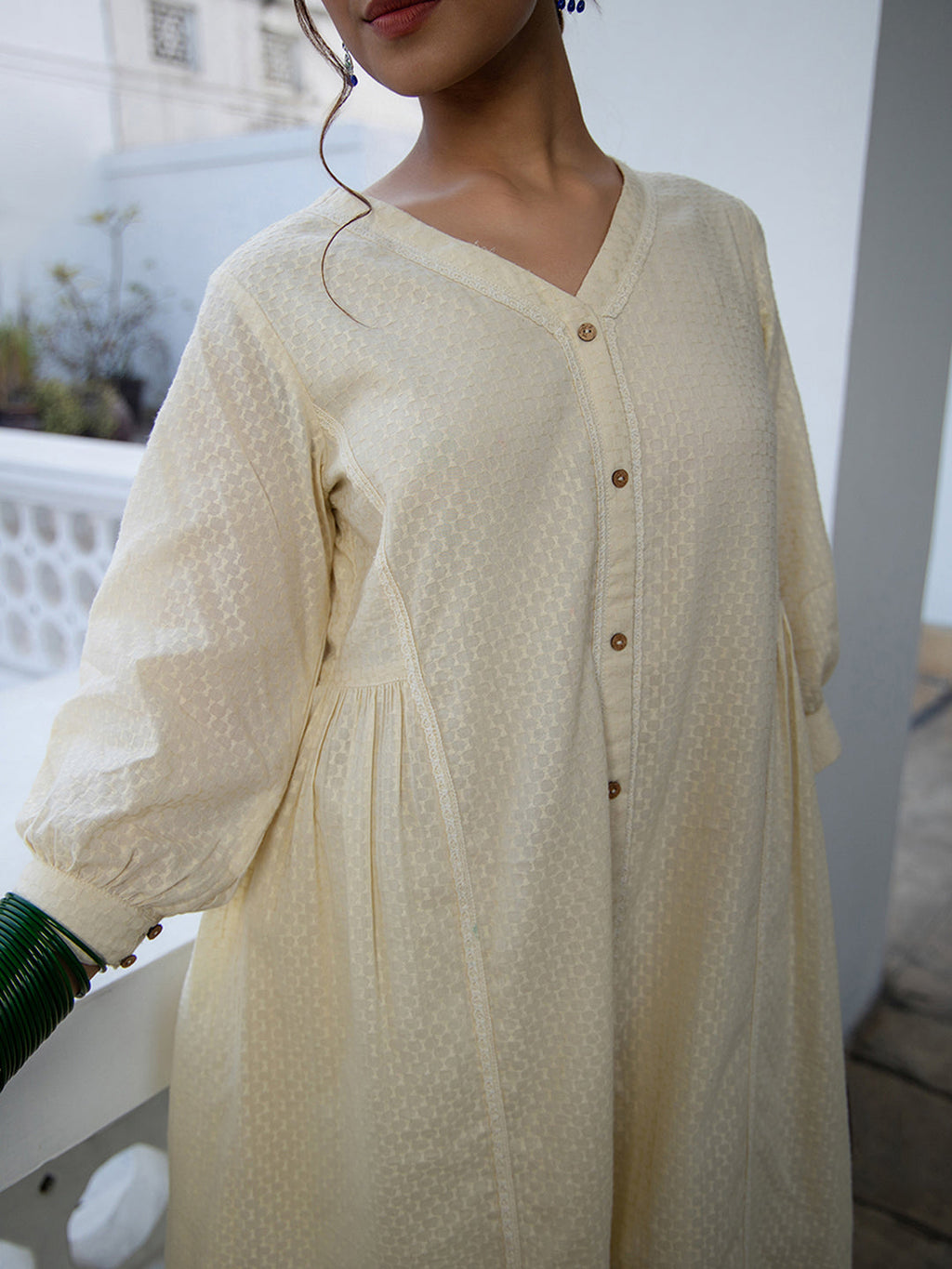Janasya Cream Dobby Cotton Self Design Tunic & Bottom | Grocsy