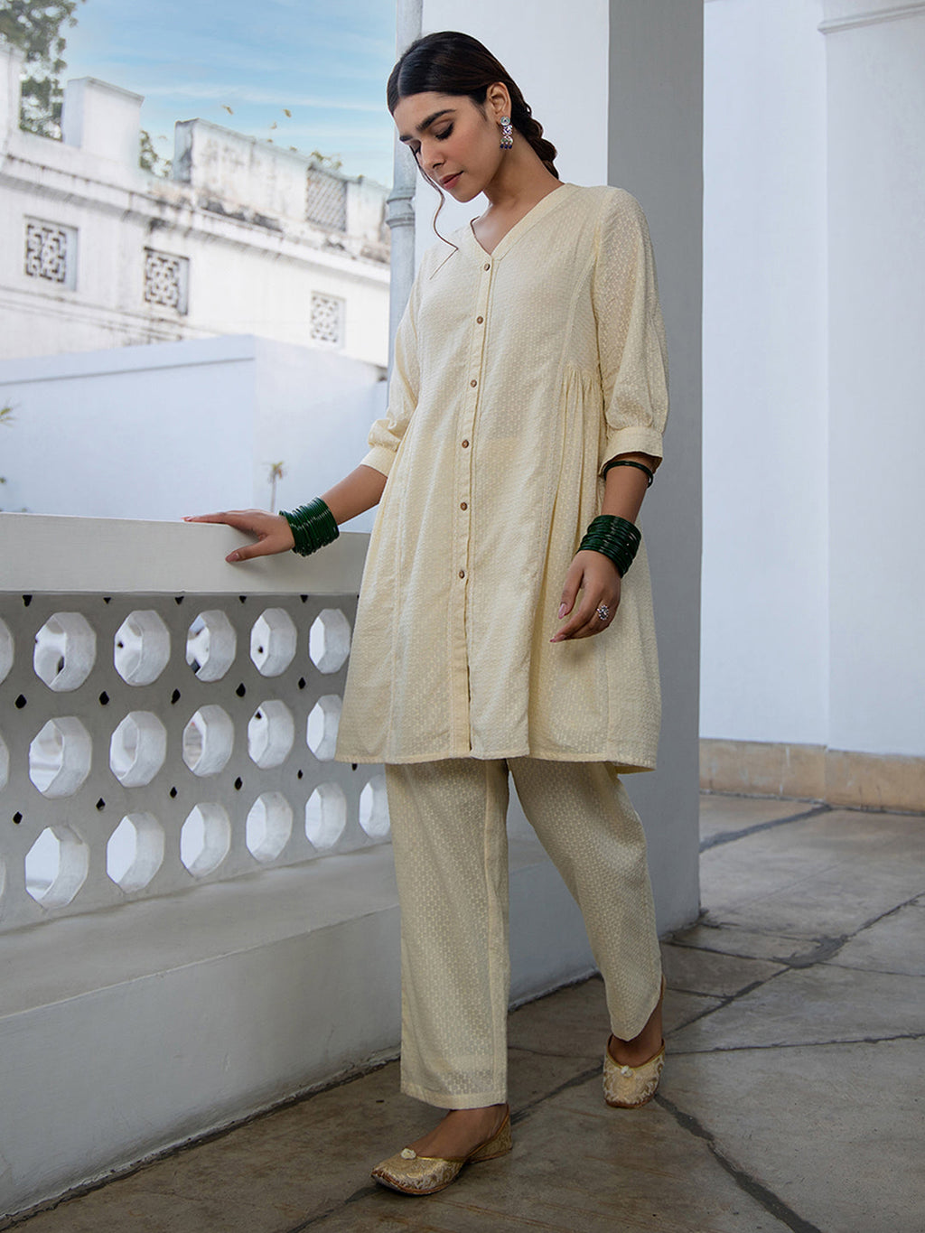 Janasya A-Line Dobby Cotton Cream Self Design V-Neck Tunic & Bottom | Grocsy