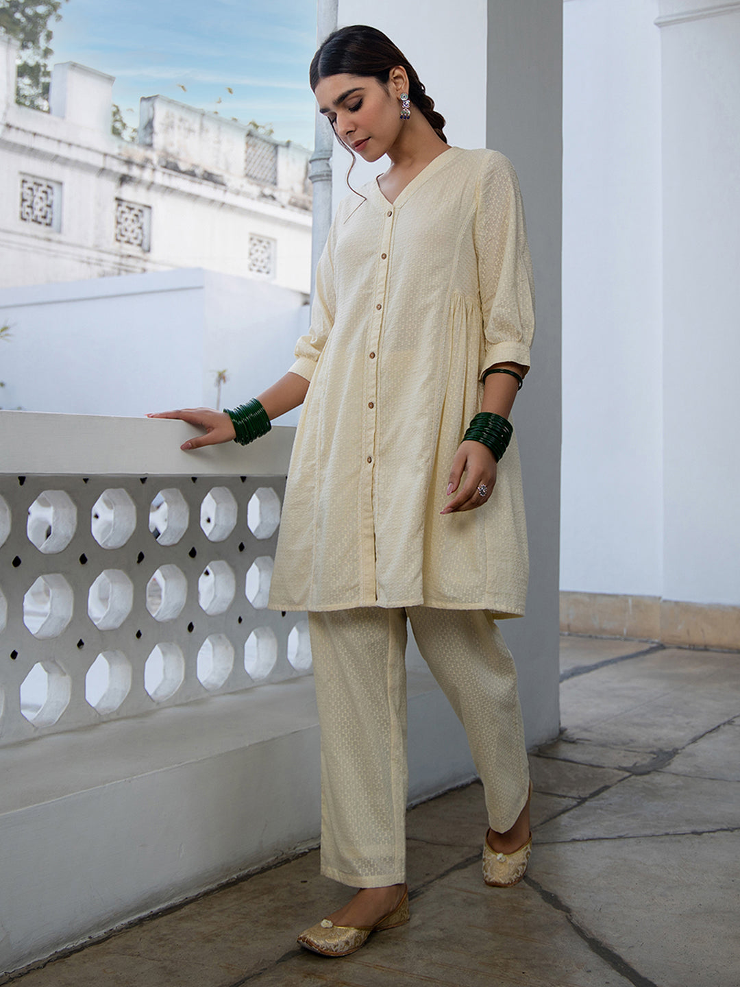 Janasya A-Line Dobby Cotton Cream Self Design V-Neck Tunic & Bottom | Grocsy