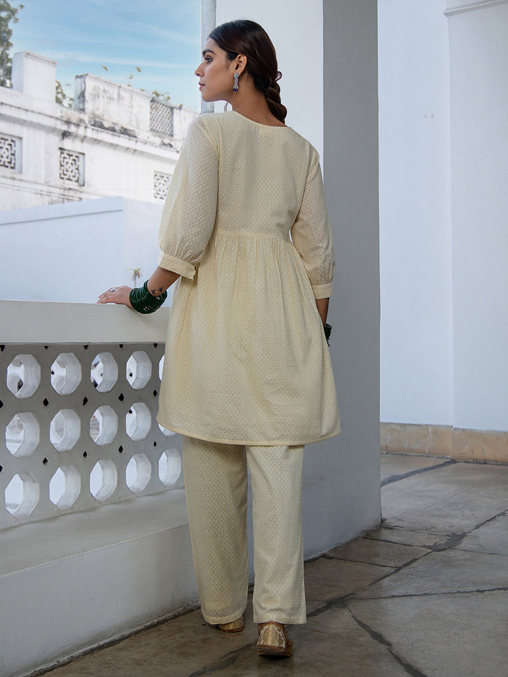 Janasya A-Line Dobby Cotton Cream Self Design V-Neck Tunic & Bottom | Grocsy