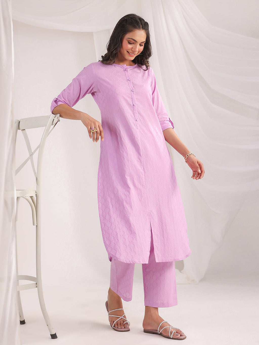 Janasya Straight Jacquard Lavender Self Design Round Neck Co-Ords | Grocsy