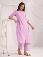 Janasya Straight Jacquard Lavender Self Design Round Neck Co-Ords | Grocsy