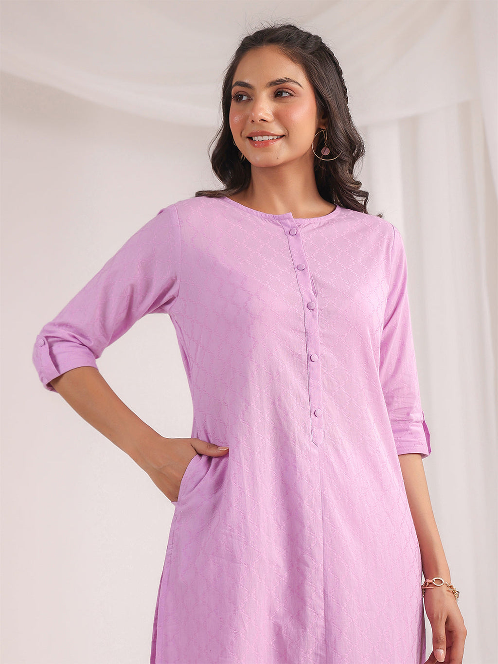 Janasya Straight Jacquard Lavender Self Design Round Neck Co-Ords | Grocsy