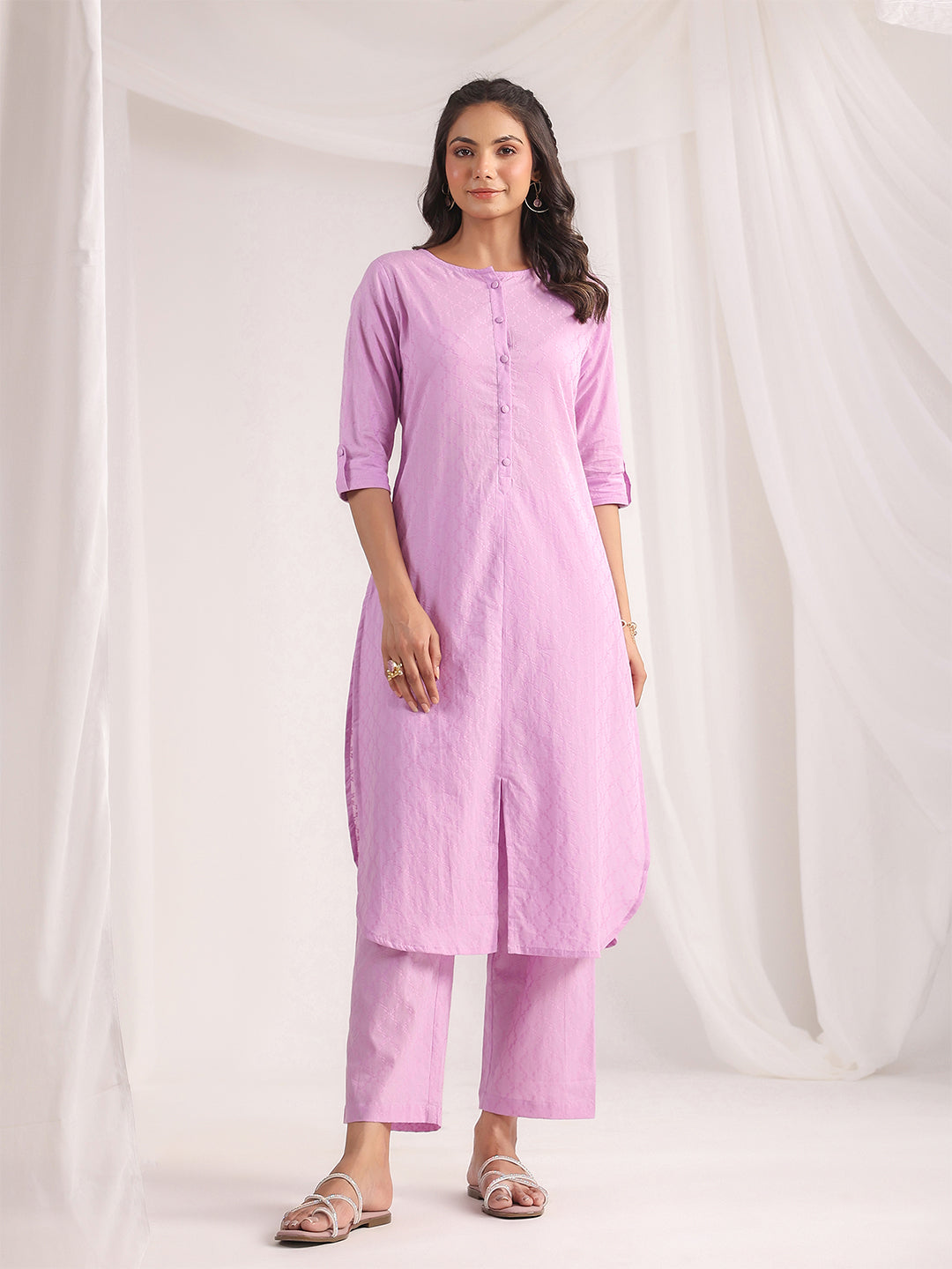 Janasya Straight Jacquard Lavender Self Design Round Neck Co-Ords | Grocsy