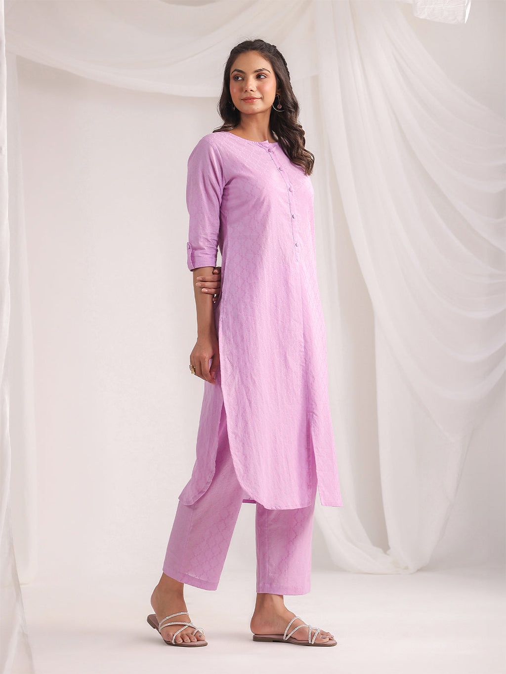 Janasya Straight Jacquard Lavender Self Design Round Neck Co-Ords | Grocsy