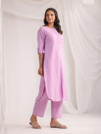 Janasya Straight Jacquard Lavender Self Design Round Neck Co-Ords | Grocsy