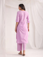 Janasya Straight Jacquard Lavender Self Design Round Neck Co-Ords | Grocsy
