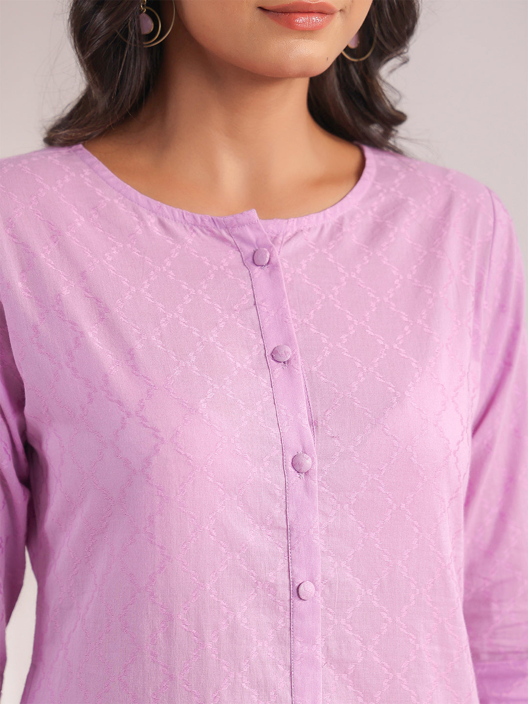 Janasya Straight Jacquard Lavender Self Design Round Neck Co-Ords | Grocsy