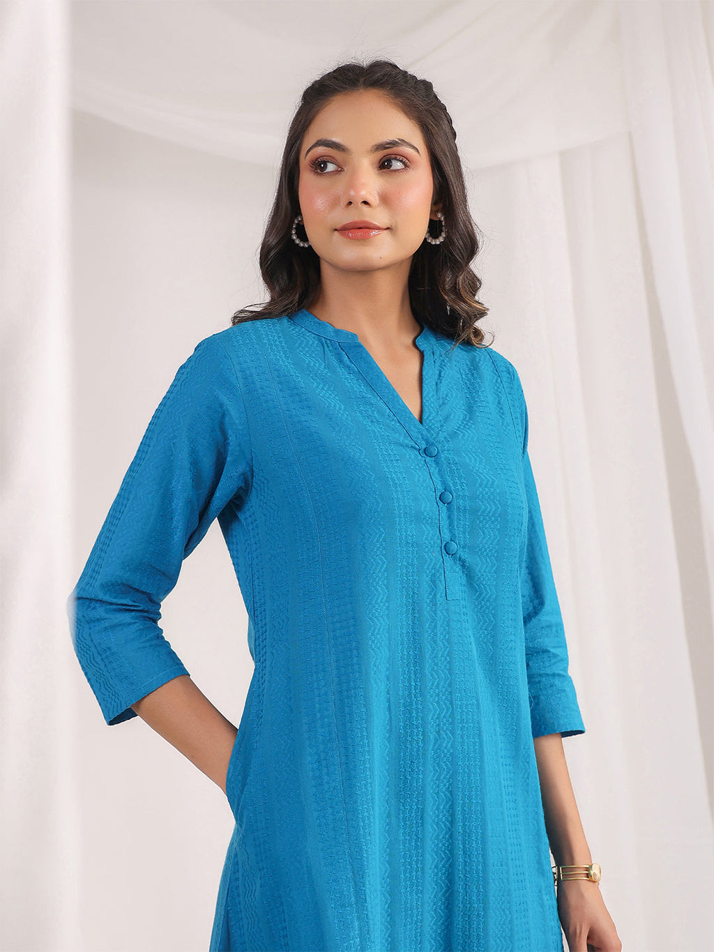 Janasya A-Line Jacquard Teal Solid Band Collar Co-Ords | Grocsy