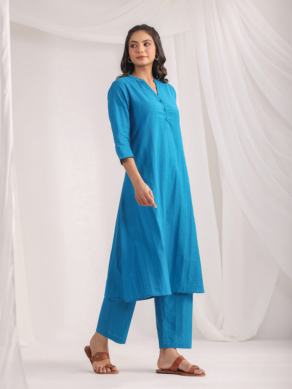 Janasya A-Line Jacquard Teal Solid Band Collar Co-Ords | Grocsy