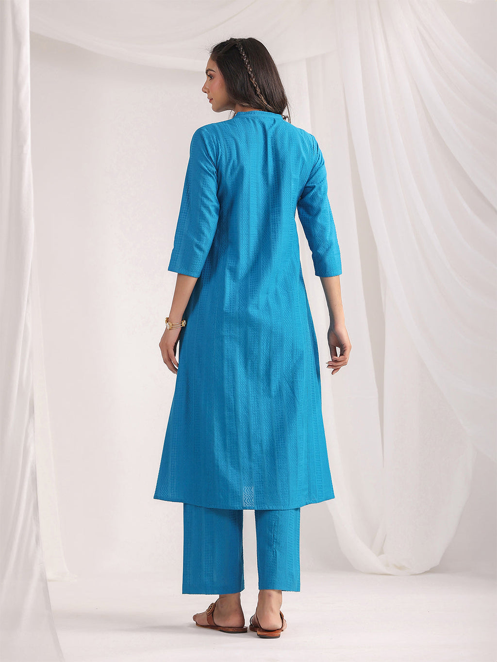 Janasya A-Line Jacquard Teal Solid Band Collar Co-Ords | Grocsy