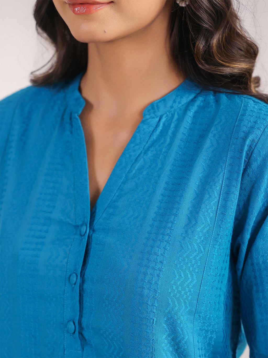 Janasya A-Line Jacquard Teal Solid Band Collar Co-Ords | Grocsy