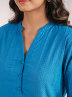 Janasya A-Line Jacquard Teal Solid Band Collar Co-Ords | Grocsy