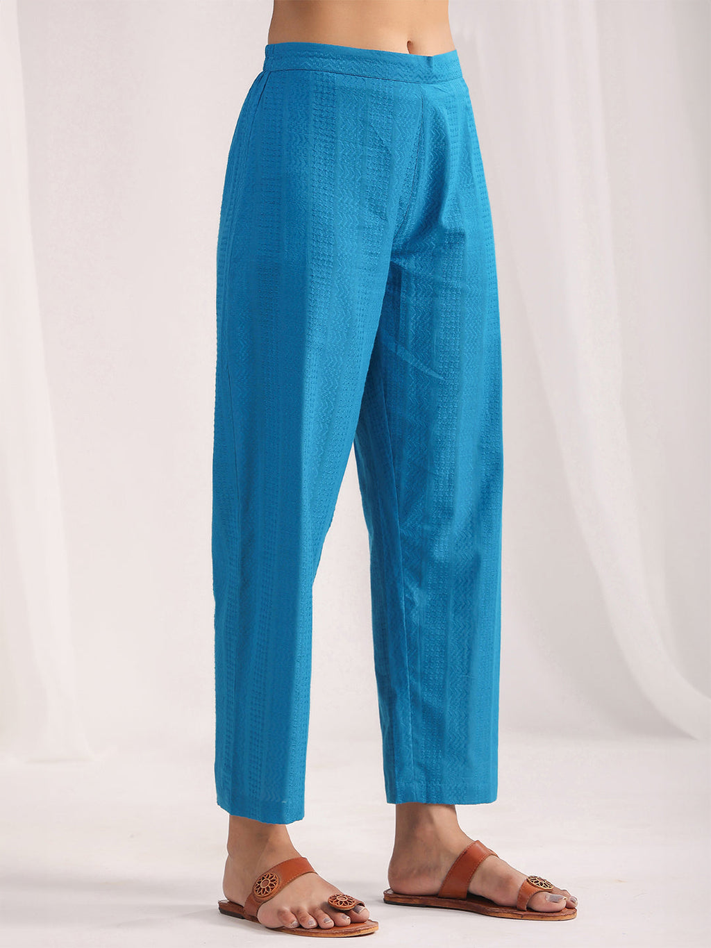 Janasya A-Line Jacquard Teal Solid Band Collar Co-Ords | Grocsy